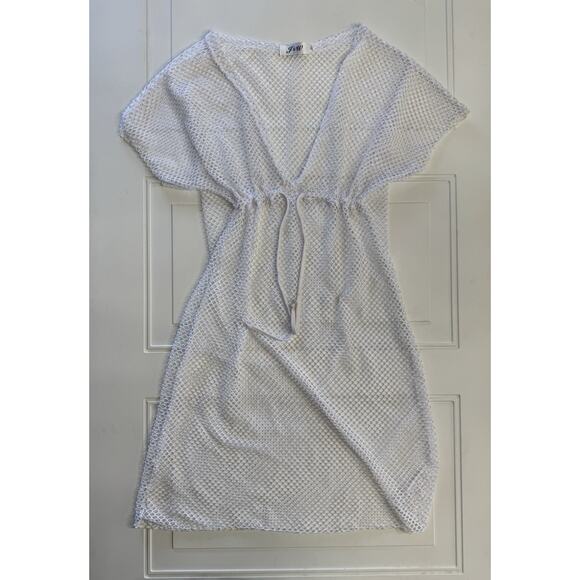 J&W Women's Beach Cover Up White Fish Net Deep V Neck Tie Waist Size XL - Picture 1 of 3